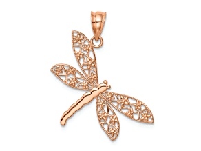 14k Rose Gold Polished Filigree Textured Dragonfly Pendant