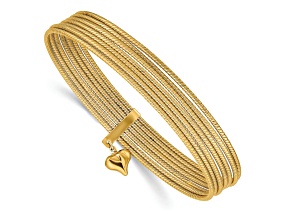 14k Yellow Gold Oversized Slip-on Set of 7 Textured Bangles with Dangle Heart