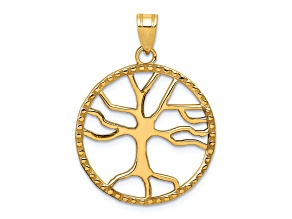 10K Yellow Gold Textured Tree of Life in Round Frame Pendant