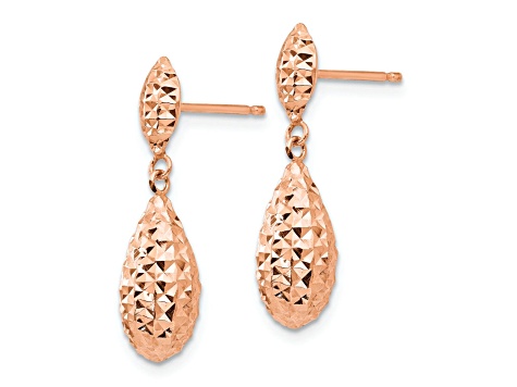 14k Rose Gold Diamond-Cut Puffed Teardrop Dangle Earrings