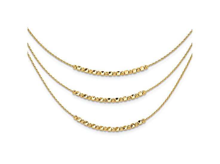 14k Yellow Gold Polished Textured and Diamond-Cut Beads 3-strand 17 Inch Necklace