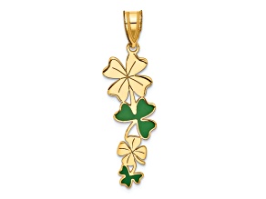 14K Yellow Gold Polished with Green Enameled Clovers Pendant