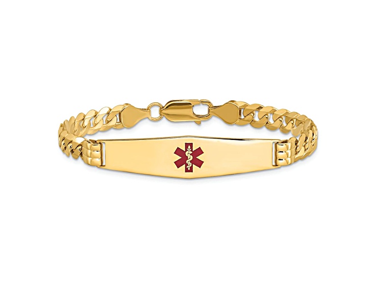 14k Yellow Gold Medical Soft Diamond Shape Red Enamel Curb Link ID Bracelet