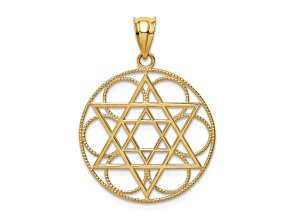 14k Yellow Gold Textured Star of David Circle Pendant