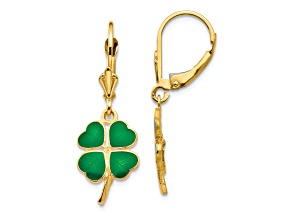 14k Yellow Gold Green Enameled Clover Dangle Earrings