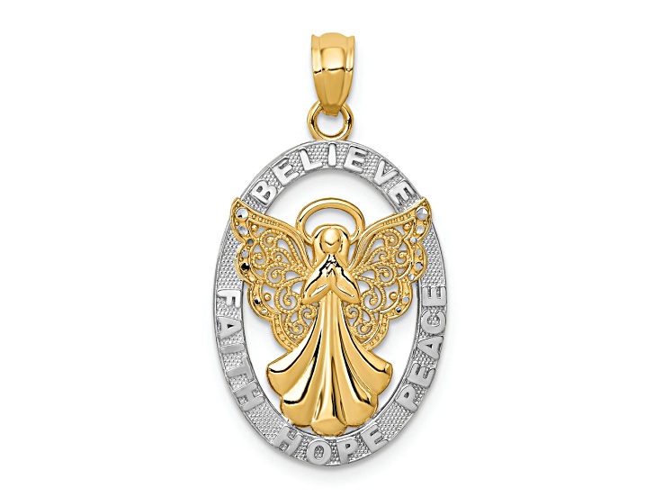 14k Two-tone Gold Textured BELIEVE PEACE FAITH HOPE Angel Pendant