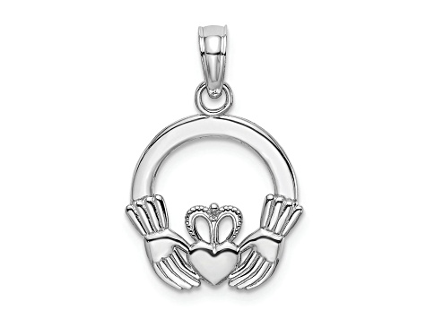 Rhodium Over 14K White Gold Polished Round Claddagh Charm