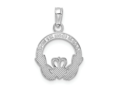 Rhodium Over 14K White Gold Polished Round Claddagh Charm