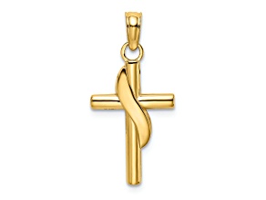 14K Yellow Gold Polished with Banner Cross Charm Pendant
