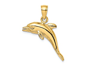 14k Yellow Gold Polished and Textured 3D Jumping Dolphin Charm