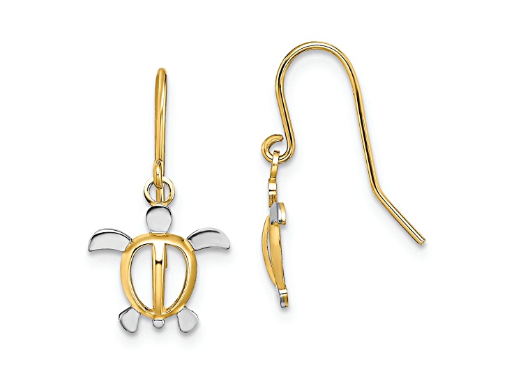 14K Yellow Gold and Rhodium Over 14K Yellow Gold Sea Turtle Dangle Earrings