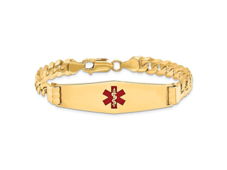 14k Yellow Gold Medical Soft Diamond Shape Red Enamel Curb Link ID Bracelet