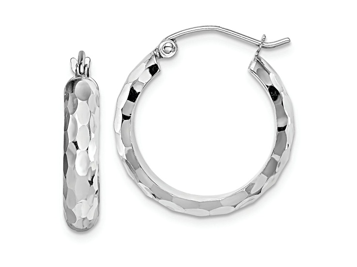 Rhodium Over 14k White Gold 13/16" Diamond-Cut Hoop Earrings