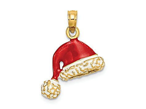 14K Yellow Gold with Red and White Enamel Santa Hat Charm Pendant