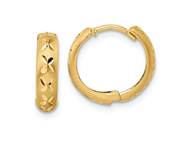 14k Yellow Gold Diamond-Cut X and Satin 1/2" Hinged Hoop Earrings