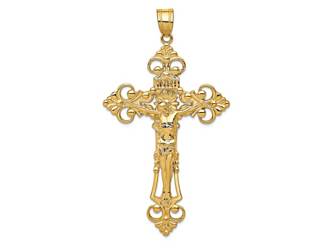 14K Yellow Gold INRI Fleur De Lis Crucifix Pendant