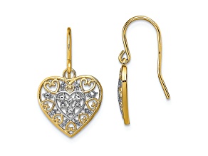 14K Two-tone Gold Polished Filigree Hearts Dangle Earrings
