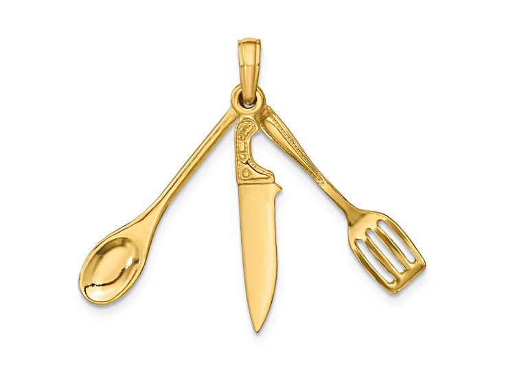 10K Yellow Gold 3D Textured Moveable Spatula, Spoon and Knife Charm