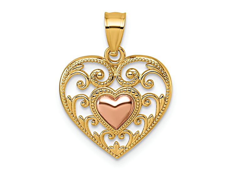14K Yellow Gold With Rose Gold Accent Polished And Textured Fancy Heart In Heart Pendant