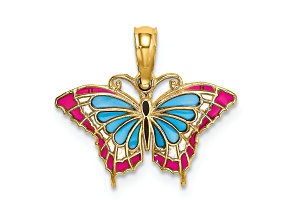 14k Yellow Gold Small Enameled Blue and Red Butterfly Pendant