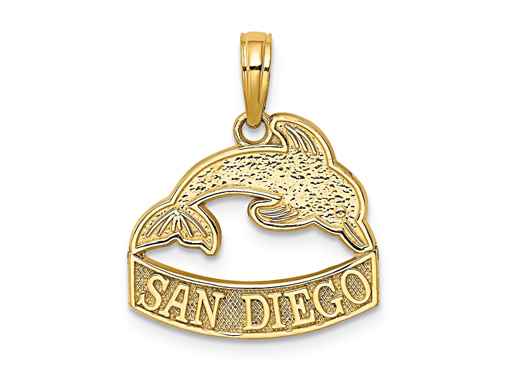 14k Yellow Gold Textured SAN DIEGO Banner Dolphins Charm