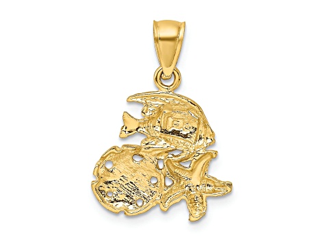 14k Yellow Gold Satin Diamond-Cut Fish, Starfish and Sand Dollar Pendant