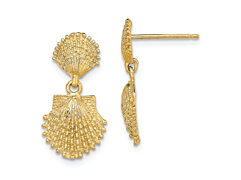 14k Yellow Gold Textured Double Beaded Scallop Shell Dangle Earrings