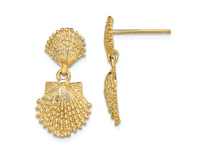 14k Yellow Gold Textured Double Beaded Scallop Shell Dangle Earrings