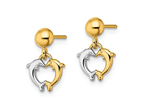 14k Yellow Gold and Rhodium Over 14k Yellow Gold Dolphin Dangle Earrings