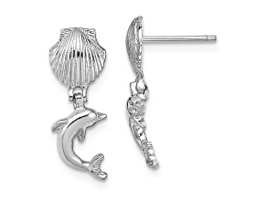 Rhodium Over 14k White Gold Textured Dangling Dolphin From Mini Scallop Earrings