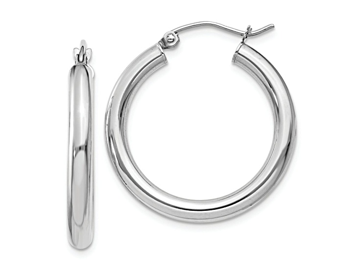 Rhodium Over 10k White Gold Polished 1/1" Tube Hoop Earrings