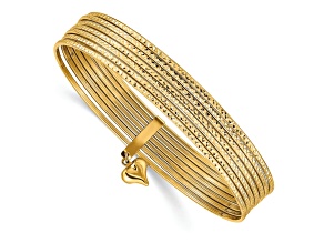 14k Yellow Gold Set of 7 Slip-on Textured Bangles with Dangle Heart Charm