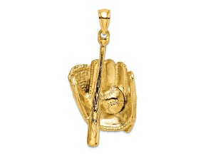 14k Yellow Gold 3D Textured Baseball Glove, Bat and Ball Charm