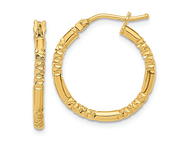 14k Yellow Gold 13/16 inch Polished and Textured Hoop Earrings