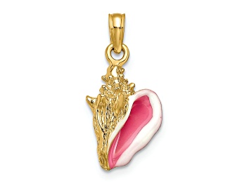 Picture of 10K Yellow Gold Textured Pink and White Enameled 3D Conch Shell Pendant