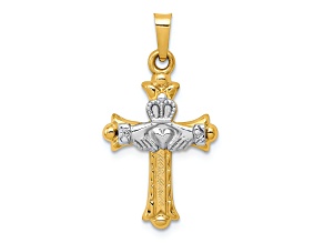 14k Two-tone Gold Textured Claddagh Cross Pendant