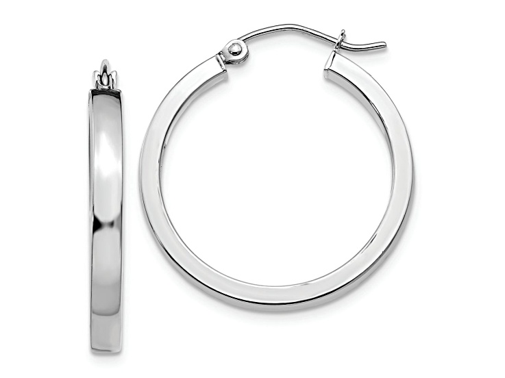 Rhodium Over 10k White Gold 1/1" Rectangle Tube Hoop Earrings