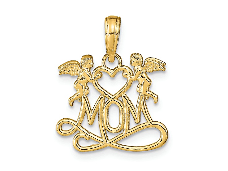 14k Yellow Gold Polished and Textured Mom with Heart and Angels Pendant