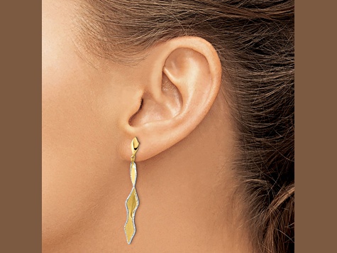14K Yellow Gold and White Rhodium Polished and Satin Post Dangle Earrings