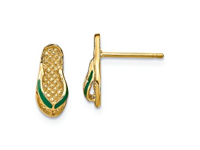 14K Yellow Gold 3D Textured and Green Enamel Flip-Flop Earrings