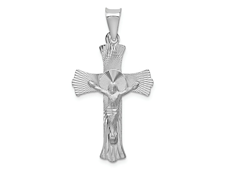 Rhodium Over 14k White Gold Satin, Textured and Diamond-Cut Crucifix Pendant