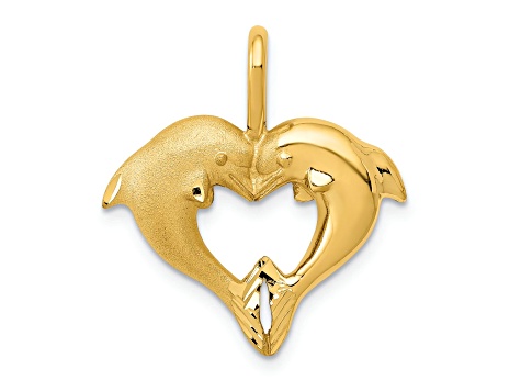 14k Yellow Gold Diamond-Cut and Satin Dolphin Heart Pendant