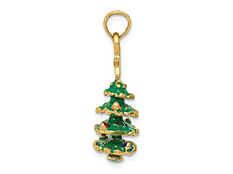 14K Yellow Gold Enameled Christmas Tree Pendant