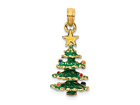 14K Yellow Gold Enameled Christmas Tree Pendant