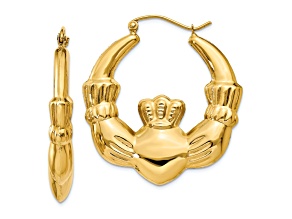 14k Yellow Gold Polished 1 3/8" Claddagh Hoop Earrings