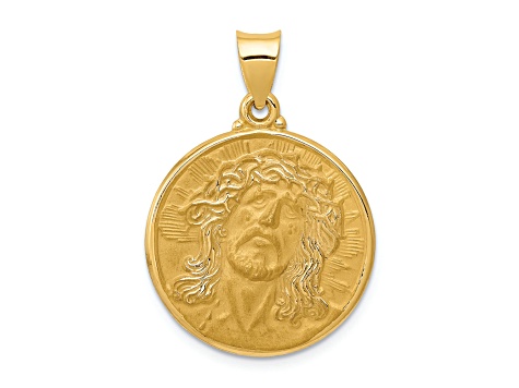 14K Yellow Gold Polished and Satin Face of Jesus Medal Hollow Pendant