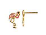 14k Yellow Gold Pink Enameled Flamingo Stud Earrings