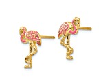 14k Yellow Gold Pink Enameled Flamingo Stud Earrings