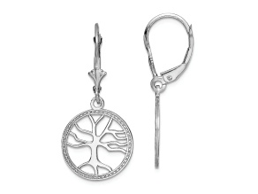 Rhodium Over 14k White Gold Textured Tree of Life in Round Frame Dangle Earrings