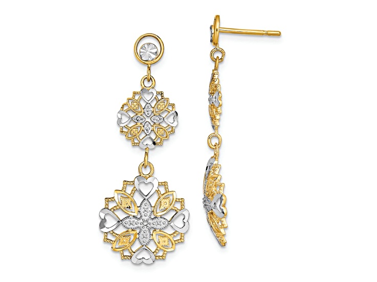 14k Yellow Gold and Rhodium Over 14k Yellow Gold Diamond-Cut Flower and Heart Dangle Earrings